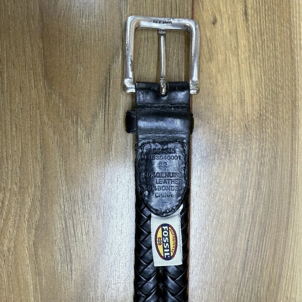 Fossil Mens Belt Size 34/85 Black Leather Woven Weave Business Casual